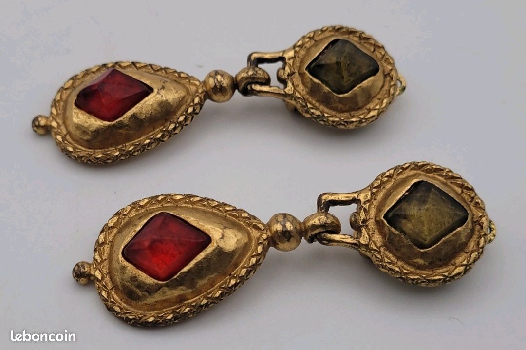 Boucles D'oreilles Clips Anciennes Imposantes Or - Cabochon Goutte - Bon état