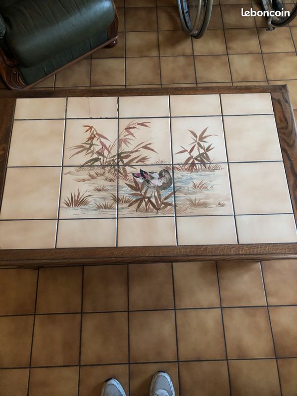 Table de salle à manger année 90 en bois massif et carrelage (image 1)