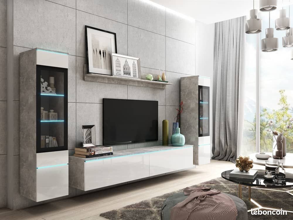 Ensemble Meubles TV Blanc Béton - Design Moderne - Éclairage LED - Rangements - Placards - Étagères - Séjour Salon (image 4)
