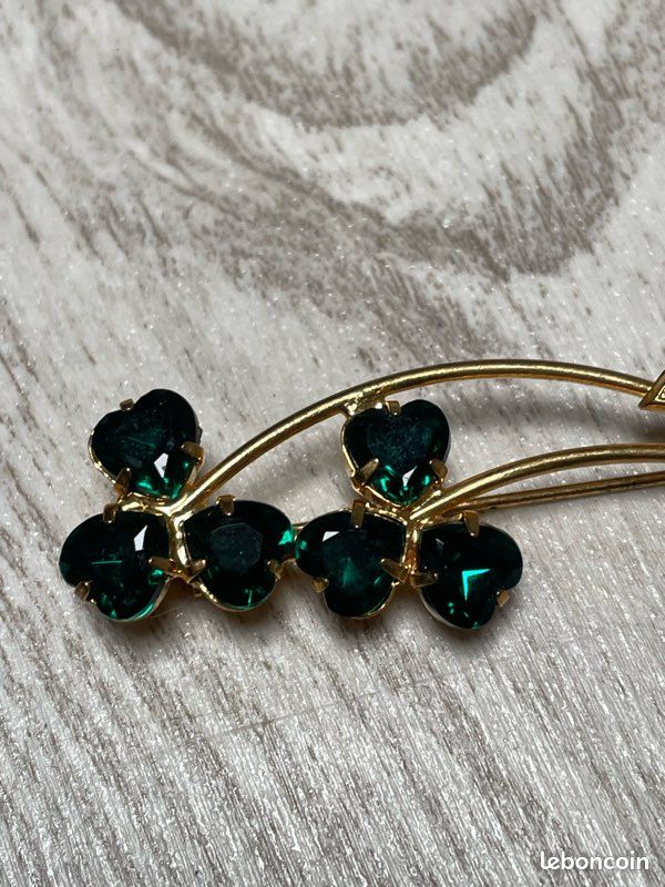 Broche Ancienne Dorée à La Couleur Verte - Bijou Vintage - Occasion