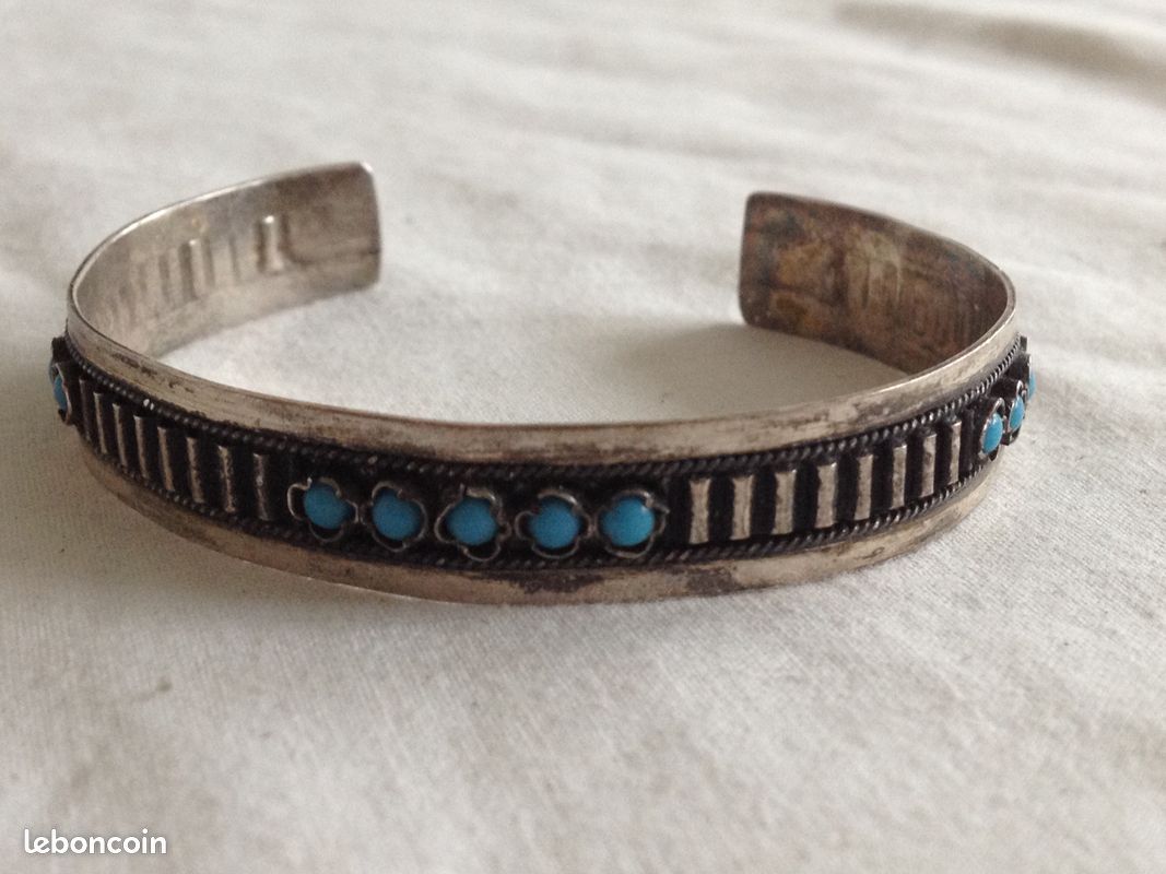 Bracelet Cuir Superposé Argenté Ancien, Style Western Américain, Fait Main