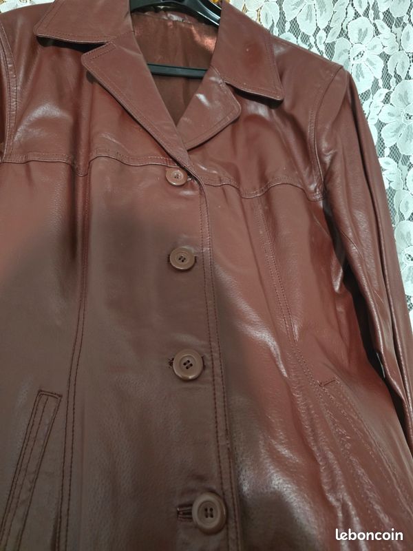 Veste vintage en cuir croute de porc taille 48 bordeaux (image 2)