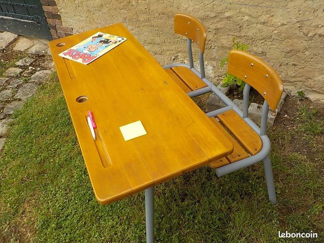 Bureau d'écolier double vintage en bois pour enfants (image 3)