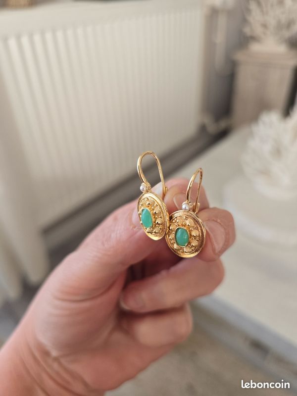 Boucles D'oreilles Pendantes Vintage En Bronze Et Perles Turquoise - Percées - Artisanat Français - Occasion