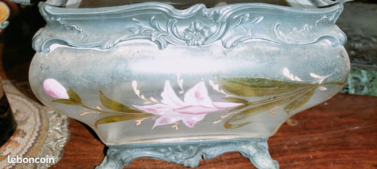 Magnifique Seau à biscuits en verre émaillé Legras pot rectangle monture Rocaille Louis XV / rare forme tombeau collection objet vitrine (image 15)