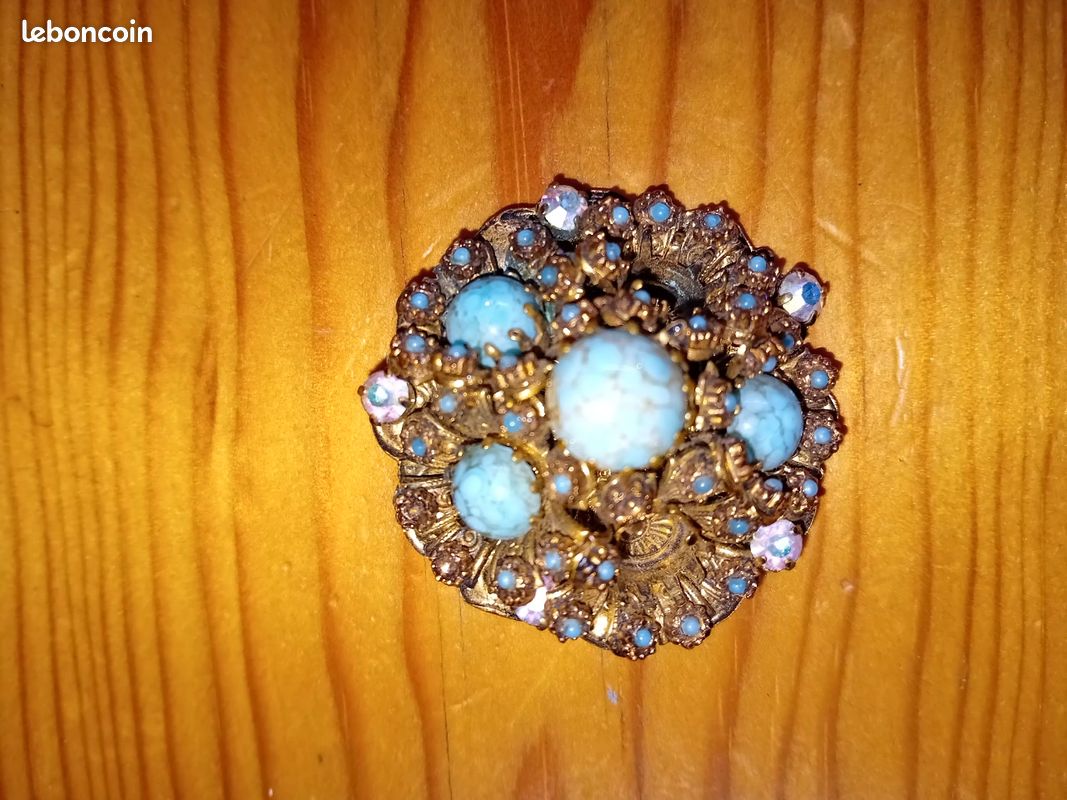 Broche Antique Dorée Avec Pierre Précieuse - Occasion - Style Vintage (K4)