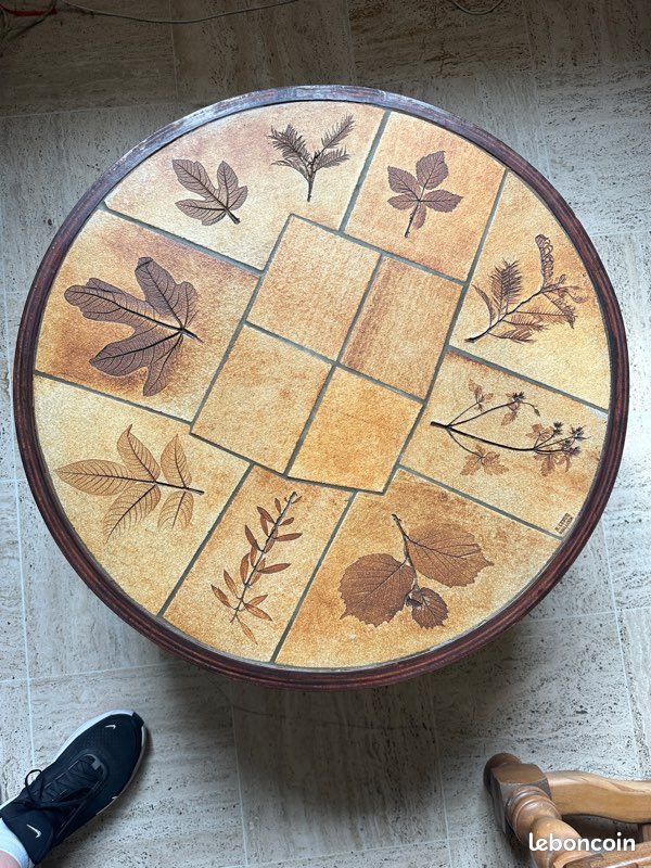 Table Basse Vintage Raymonde LEDUC - Céramique Herbier Vallauris - Années 1960 - Ronde