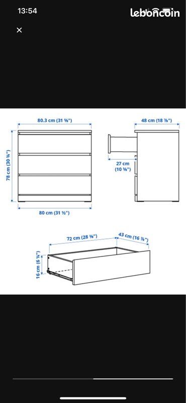 Commode IKEA blanc braillant MALM 3 tiroirs 80x78 cm (image 4)