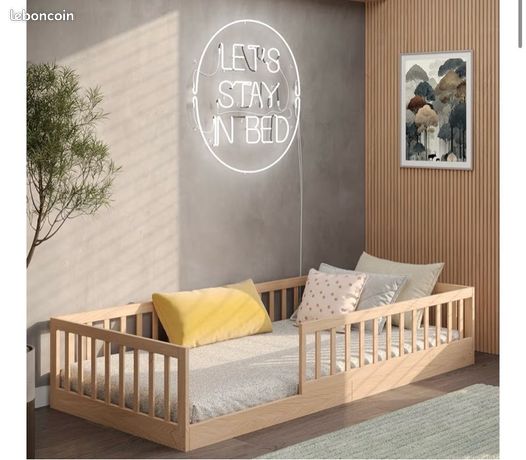 Lit Montessori Marooma Pour Enfant 90x200 Cm - Lit Au Sol Avec Barrières, Petite Porte Et Cadre En Pin Massif, Sommier à Lattes Amovible