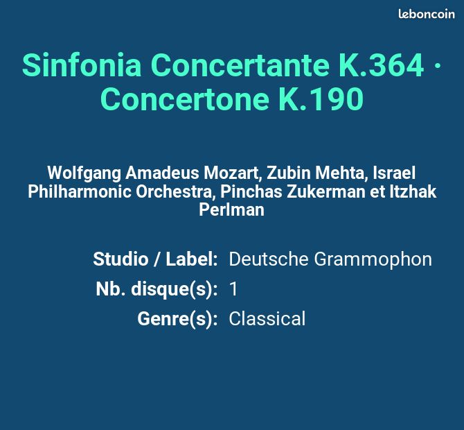 Sinfonia Concertante K.364 · Concertone K.190 - Wolfgang Amadeus Mozart, Zubin Mehta, Israel Phi... (image 2)