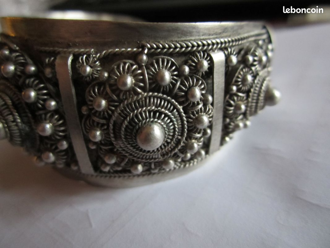 Bracelet Manchette Ancien Indochine - Argent Massif Filigrane Art Déco - Rare - Occasion