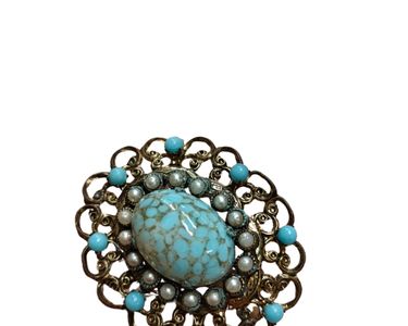 Broche Vintage Cactus – Cristaux Turquoise Et Strass, Ton Argent, Années 80