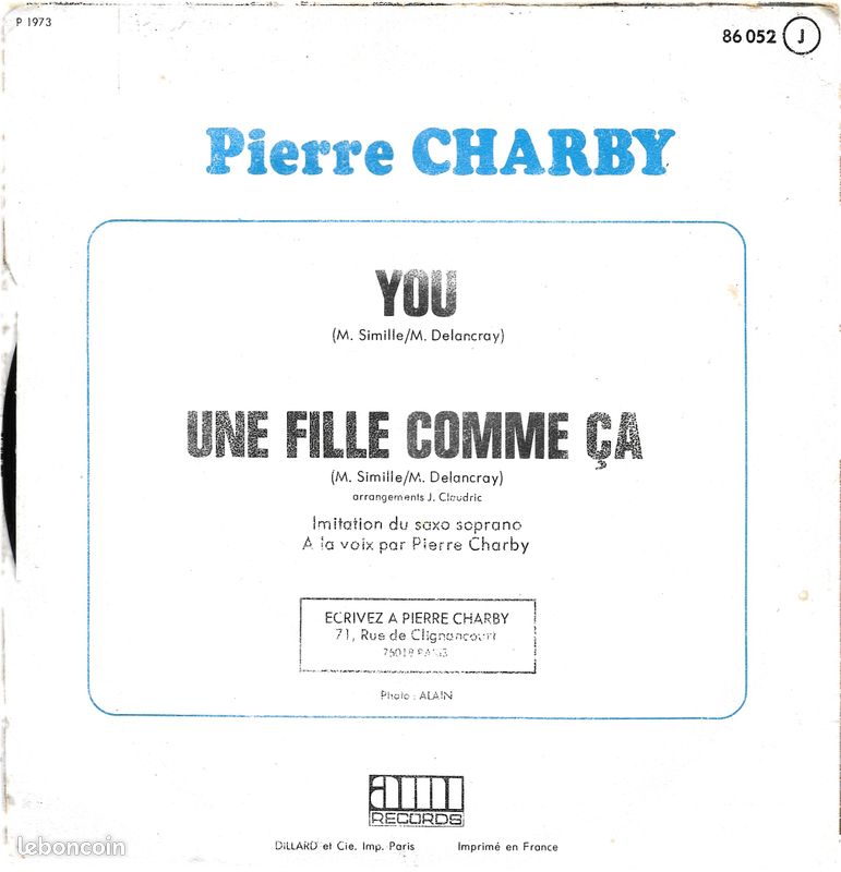Pierre Charby : You / Une Fille Comme ça [Vinyle 45 Tours 7"] 1973 (image 2)