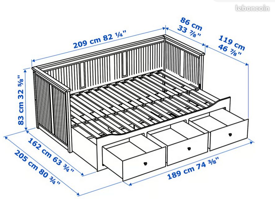 Lit banquette 2p (struct + matelas) IKEA HEMNES avec 2 matelas fermes (image 2)