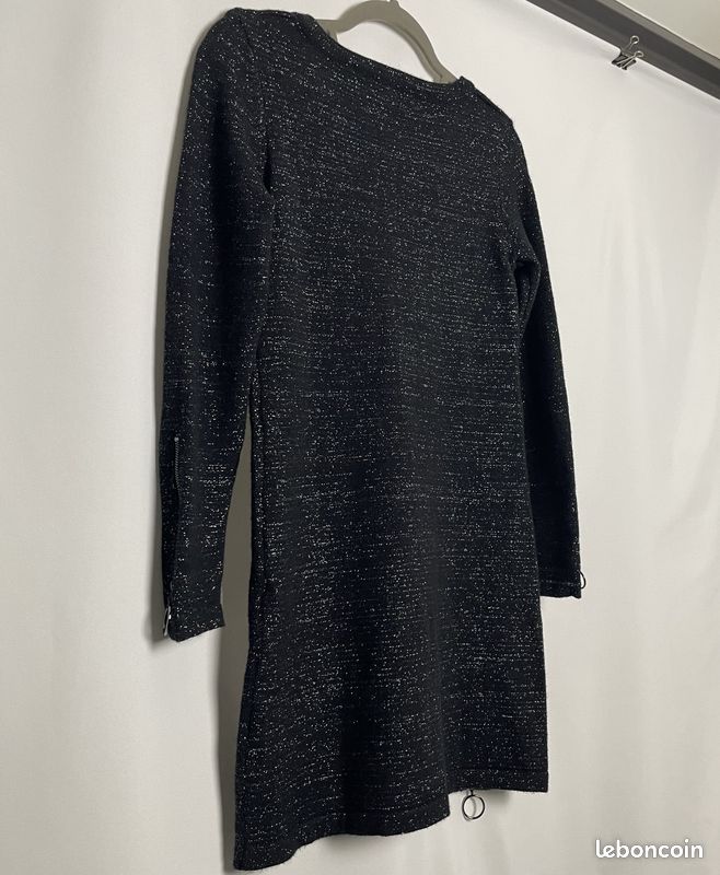 Robe pull Morgan Noir avec paillettes Fente zippée cuisse Col V