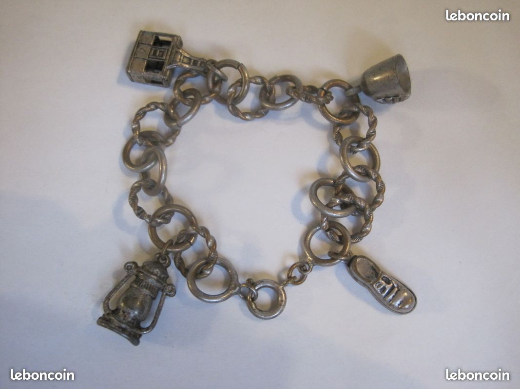 Bracelet Gourmette Vintage Années 1950 - Breloques Chat, Panier, Oiseau, Cloche, En Verre, France
