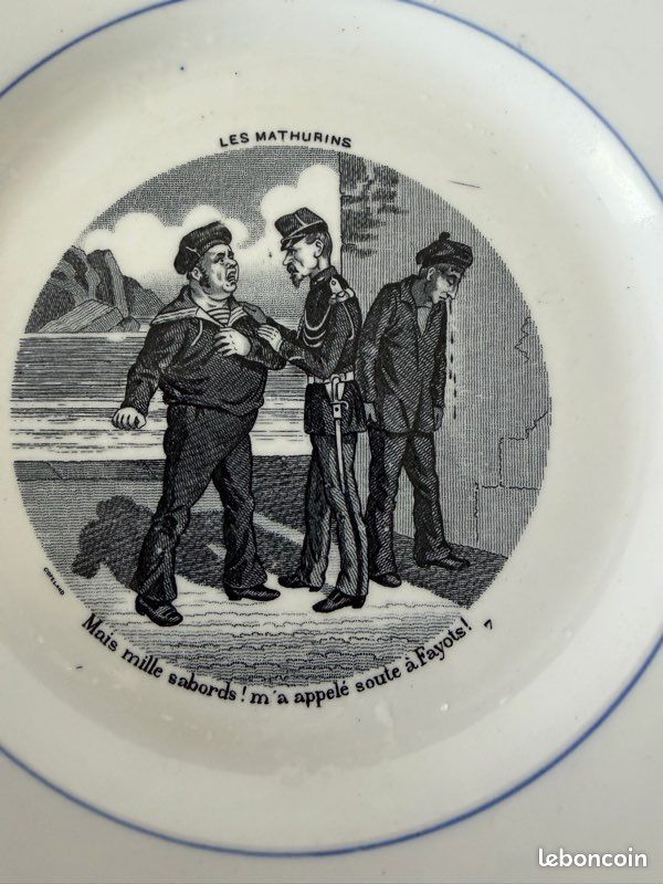 Lot de 6 assiettes anciennes Gien « Les Mathurins » – Faïence humoristique (image 4)