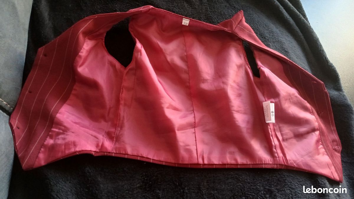 Costume cérémonie bébé 18-24 mois, bordeau a rayures, 4 pieces avec gilet, chemise, pantalon, nœud papillon (image 15)