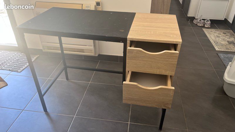 Bureau noir er bois style industriel - 2 tiroirs (image 3)