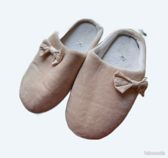 Pantoufles femme rose beige ouverte petit noeud, touché velours