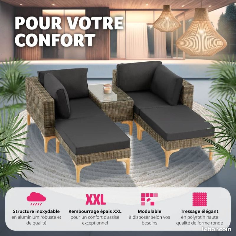 Salon de Jardin Modulable Marron - Canapé - 2 Tabouret Pouf - Table de Jardin - Extérieur Balcon Terrasse (image 4)