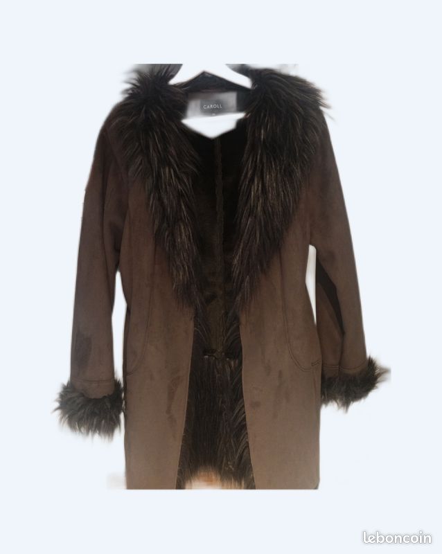 Manteau Noble KIWI Marron Foncé Avec Col Fourrure - Taille 38/40, Pure Laine Vierge - Occasion Très Bon état