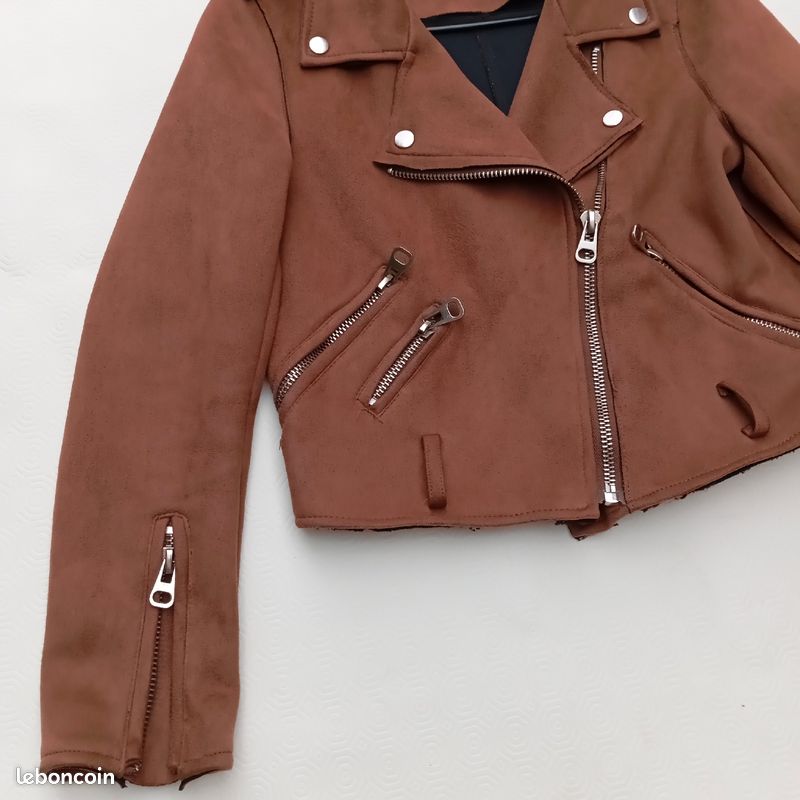 Veste Courte Zippé en Daim Pour Femme Taille Perfecto Marron