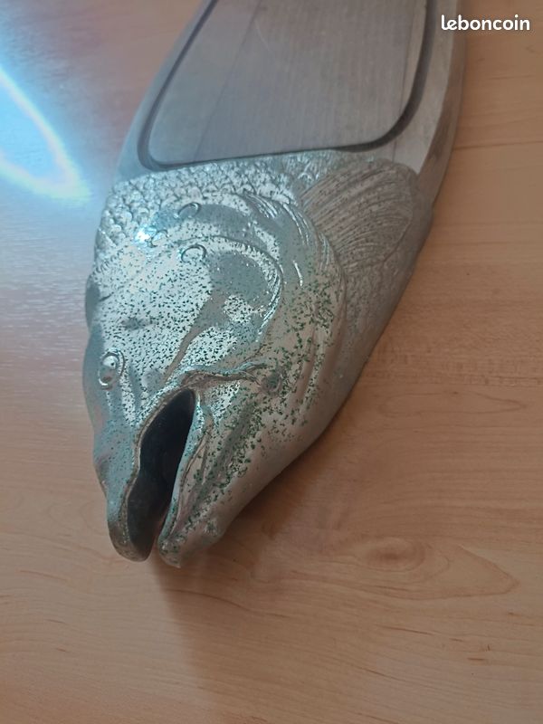 Ancienne Planche à Découper En Bois Sculpté - Motif Poisson - 46 Cm - Bon État