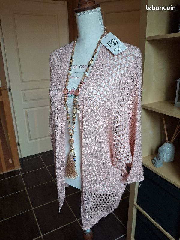 Gilet long rose pâle maille ajourée neuf étiqueté Vêtements