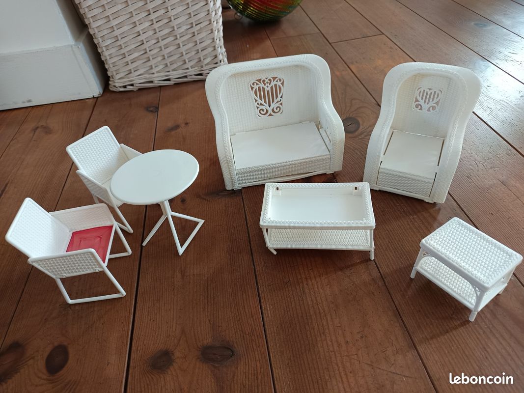 POUPÉE MEUBLES DE salon de Jardin en Osier Rotin Fauteuil Chaise pour