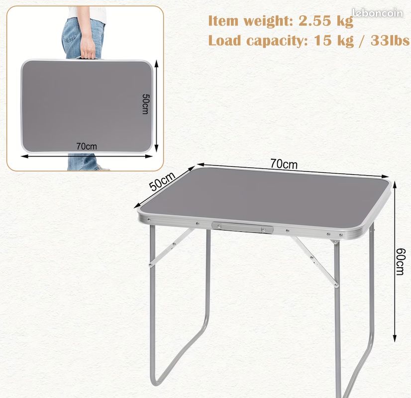 Table Pliante de Pique Nique Camping (70x50x60cm) en Aluminium - LĂ©gĂšre & Compacte - Table a Manger - Neuve - Livraison gratuite en France en 4 jours â â â (image 2)