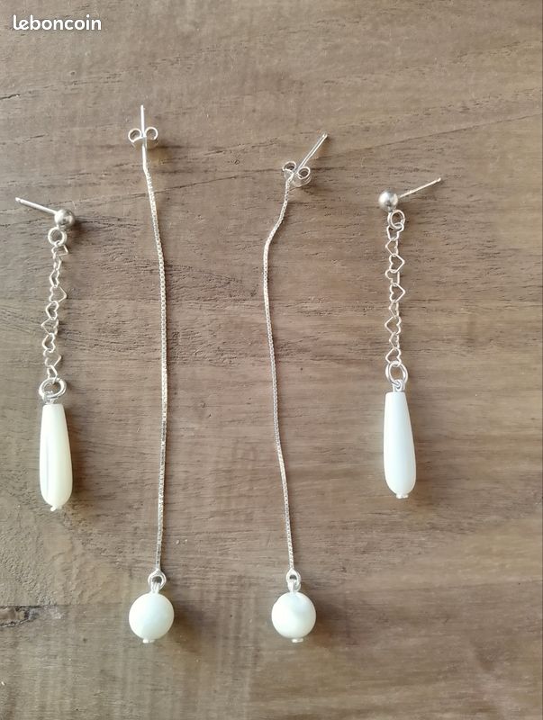 Boucles D'oreilles Perle De Nacre Et Argent – Neuf Sans Emballage – Pierre Dominante Perle