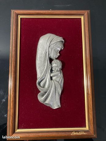 TABLEAU RELIEF LA mère et l'enfant - étain sur velours rouge EUR 10,00