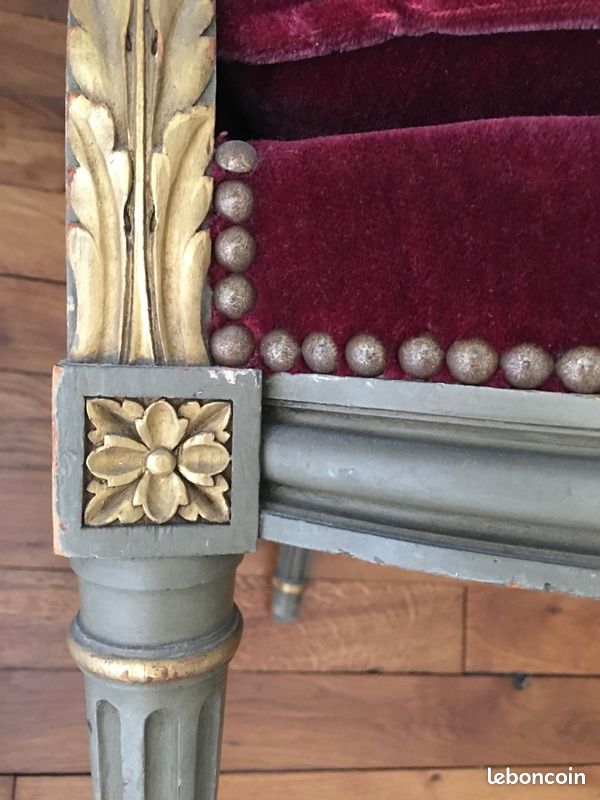 Paire fauteuils anciens patinés dorés 2 bergères Louis XVI tissu velours laine bordeaux Lelièvre (image 10)