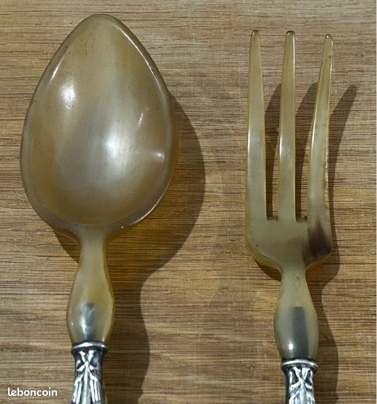Paire De Couverts à Salade – Fourchette Et Cuillère – Métal Argenté – 25,5 Cm