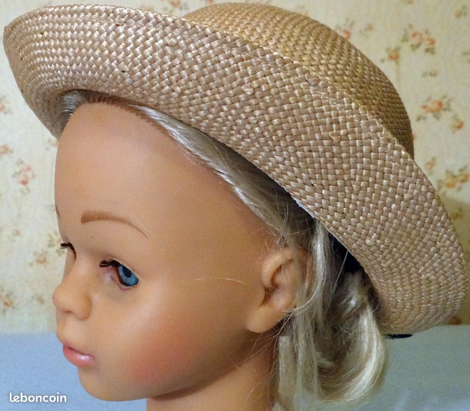 CHAPEAU EN PAILLE NATURELLE 1960 T. 53 cm avec RUBANS FLEUR EN TISSU BLEU mariage, été, défilé vintage, fabriqué en France (image 14)