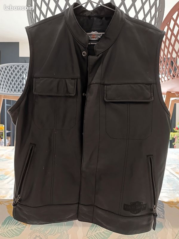 Gilet En Cuir De Motard Harley-Davidson Authentique - Taille L - Neuf En Cuir Buffle Noir