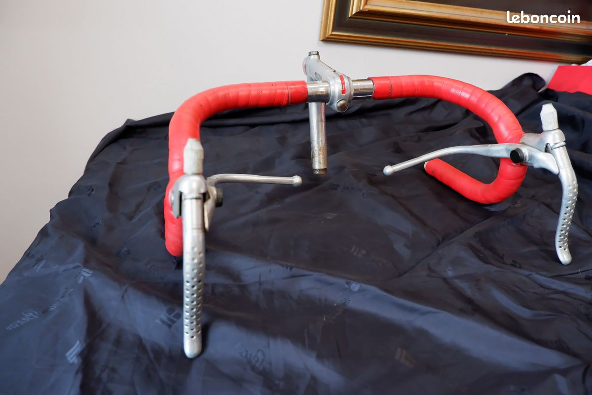 Guidon Gainé Cuir / Potence BIANCHI Et Leviers SUPER RECORD CAMPAGNOLO Vintage 02 Ivf