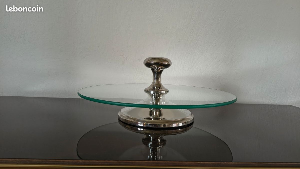 Ka1741 - Plateau de Table Rond Tournant Verre et Metal