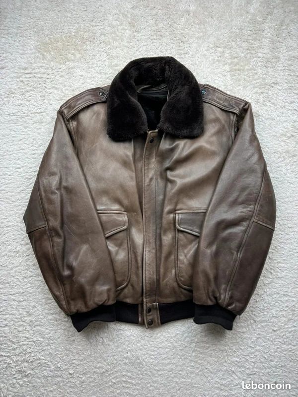 Blouson cuir marron vintage 90's doublure col amovible L homme