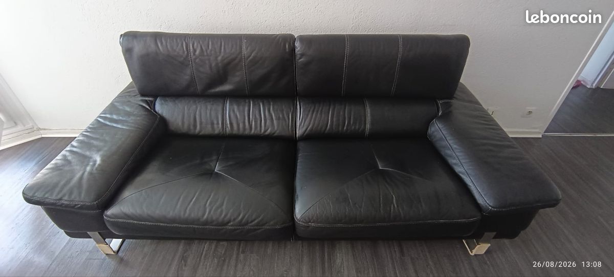 Ensemble de 2 canapés en cuir véritable noir – Conforama – Excellent état (image 3)