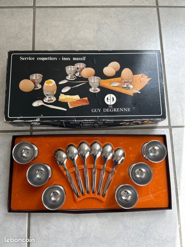 Service De Coquetiers Vintage Guy Degrenne, Inox Argenté, Parfait état