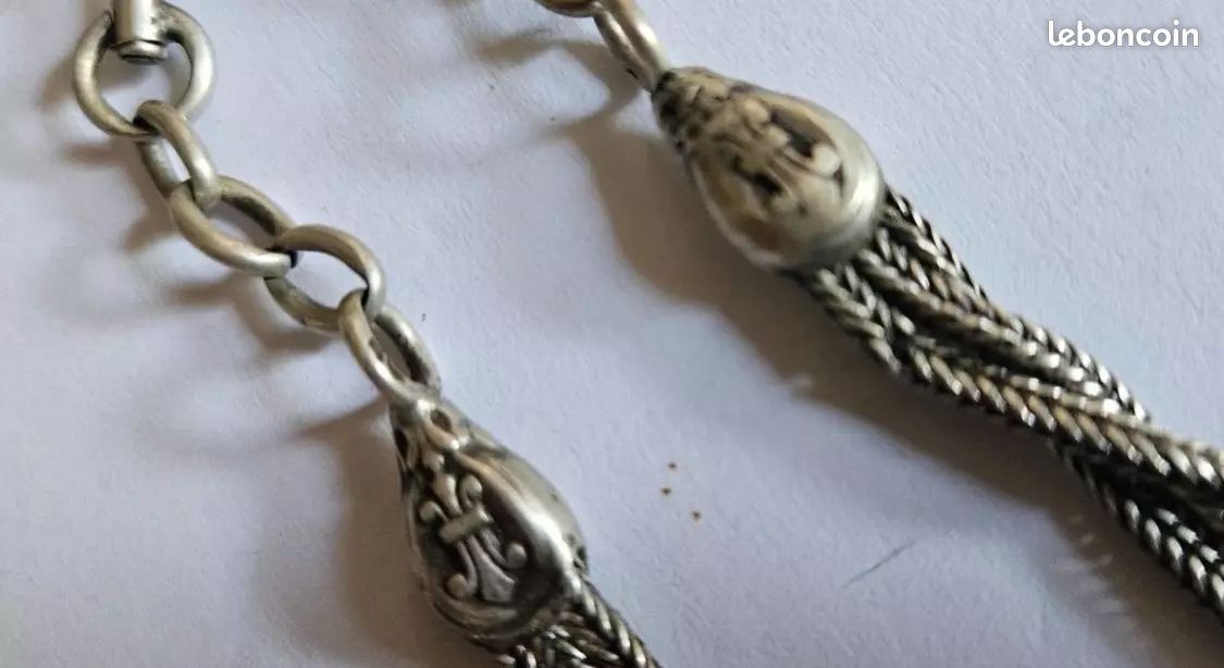 Chaîne De Montre De Gousset Ancienne En Argent Massif - Châtelaine Vintage - Accessoire Homme