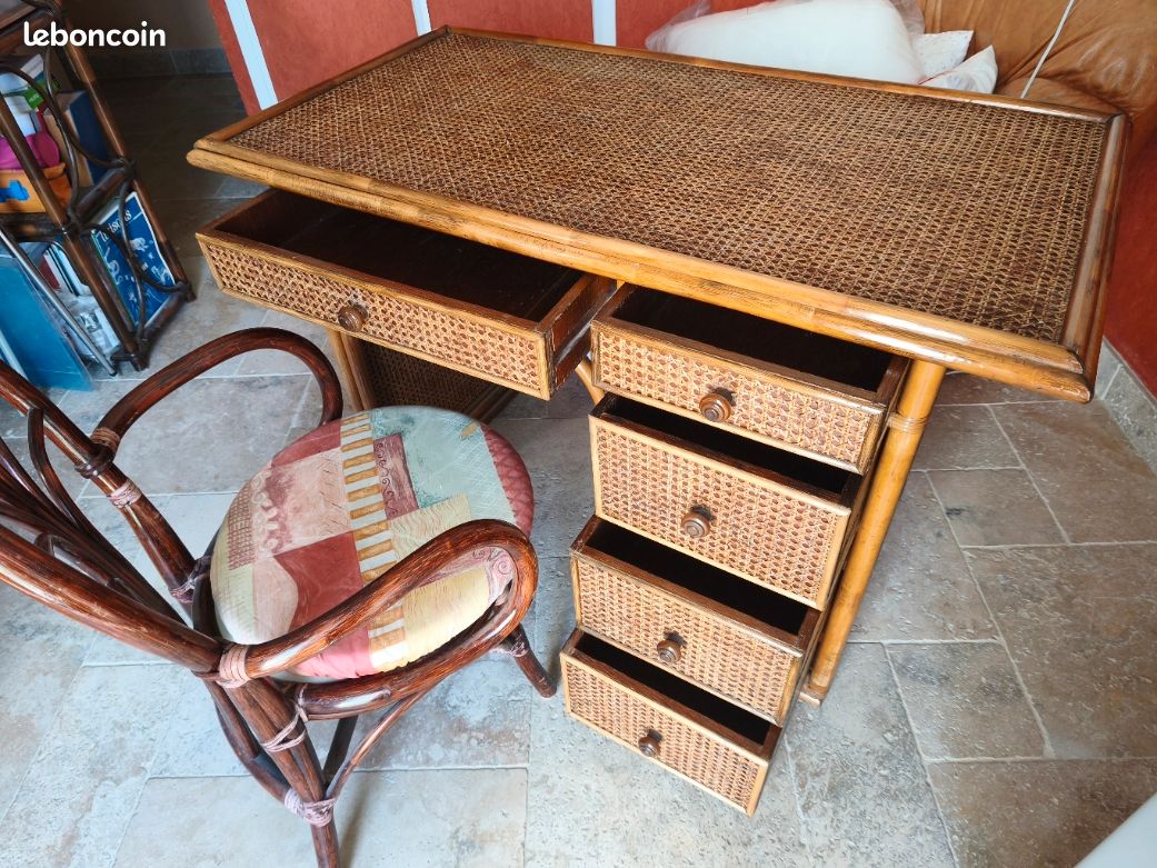 Bureau et Chaise "Vintage" bambou et rotin (image 2)