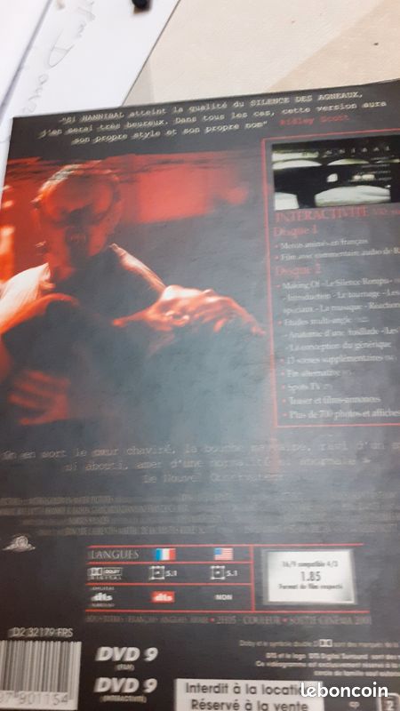DVD VIDÉO HANNIBAL ANTHONY HOPKINS pochette rigide cartonné bonne qualité (image 3)