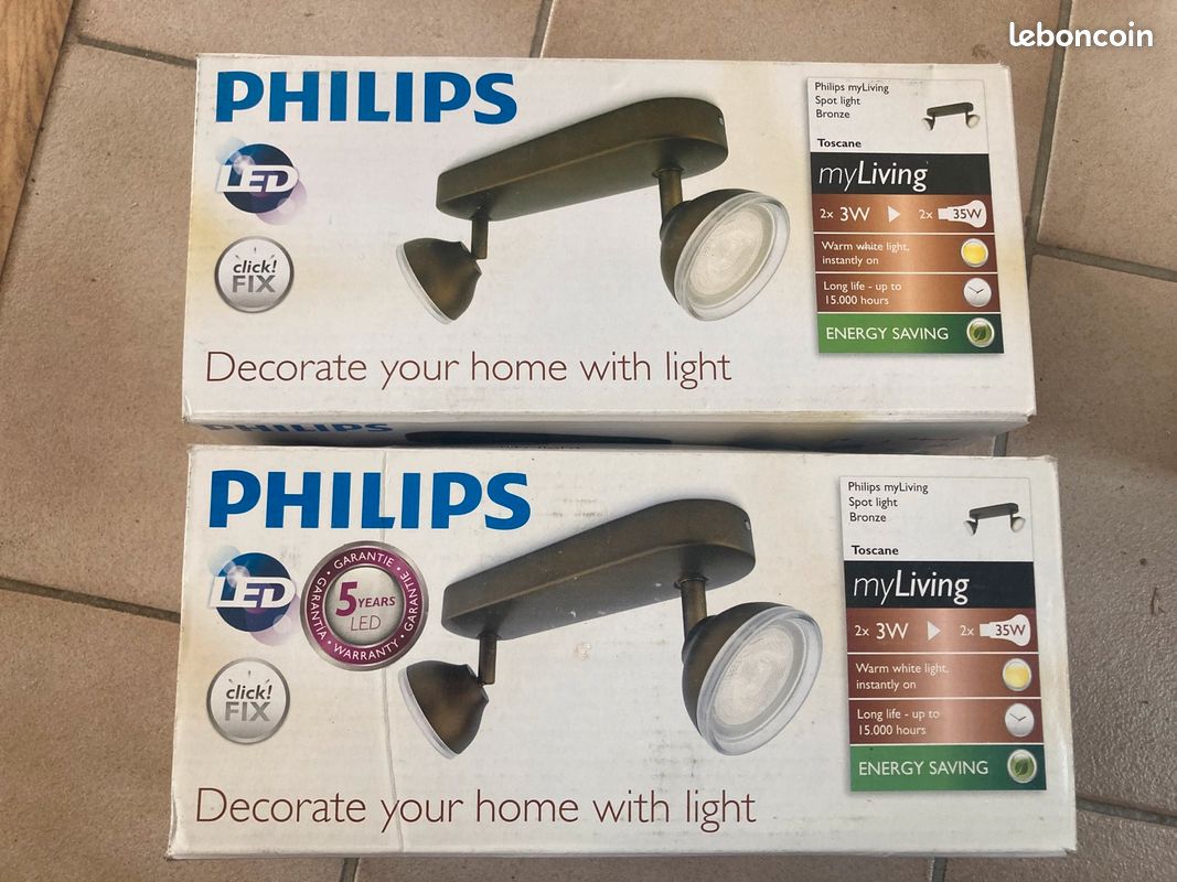 Luminaire led 2 spots Philips toscane couleur bronze (image 1)