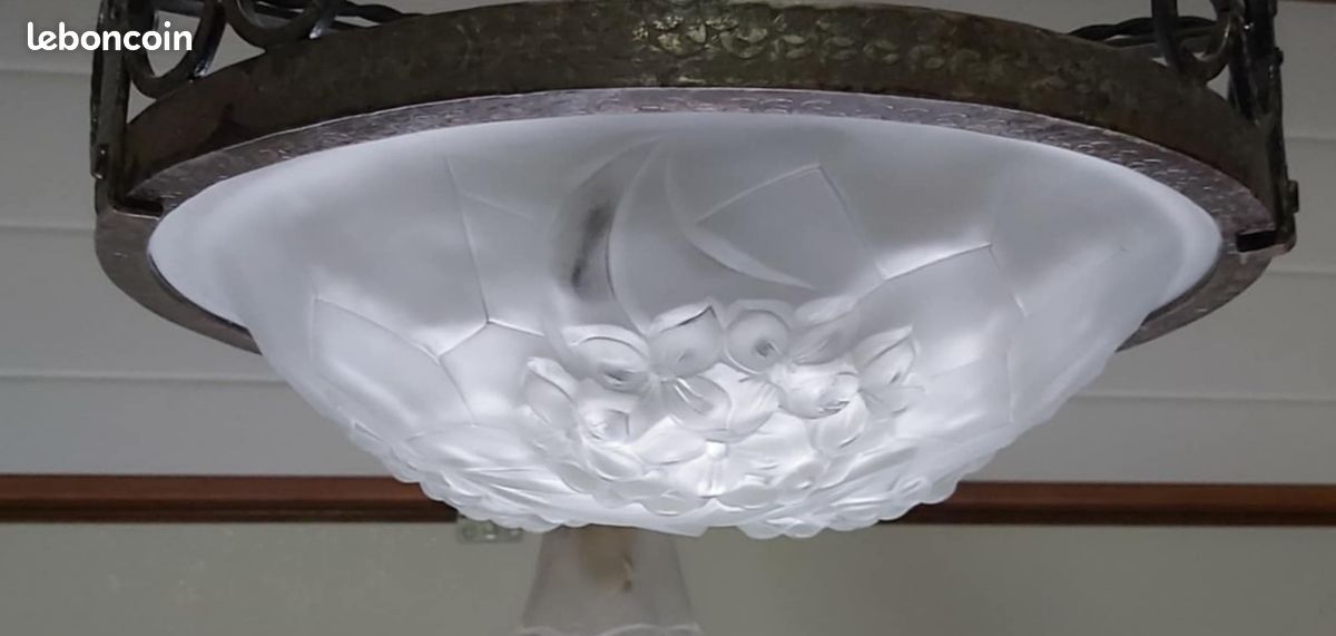 Lustre Art Nouveau Français En Verre Et Fer Forgé - Style Floral Ancien LN26