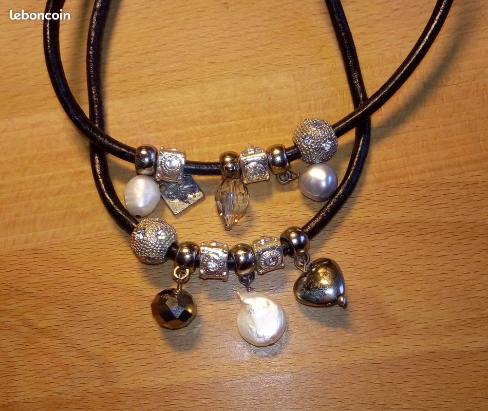 Collier 2 rangs cuir et charms Bleu Pivoine (image 6)