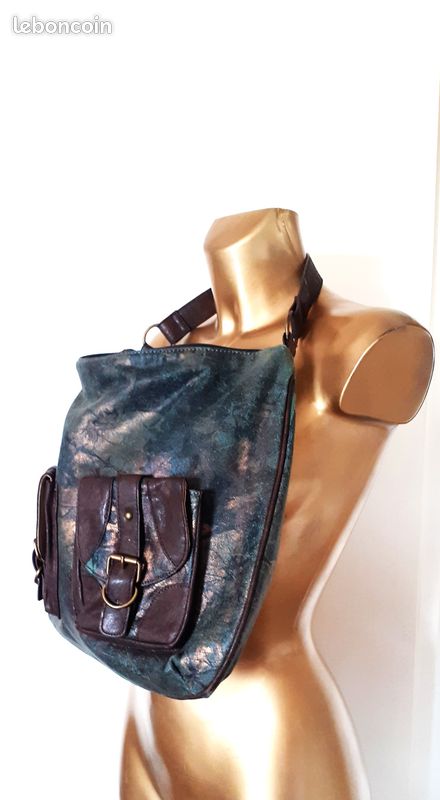 Sac NEUF en Jean bleu motif Doré & Simili Cuir Marron (image 7)