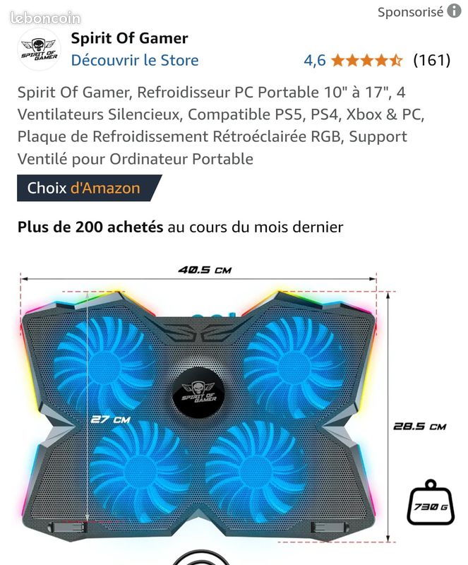 Support Refroidisseur PC Portable Spirit Of Gamer - 4 Ventilateurs RGB - 10 à 17 Pouces - Pour Gaming Et Bureautique